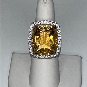 NWOT Genuine Square Citrine White Topaz Halo Designer Gemstone Cocktail Ring